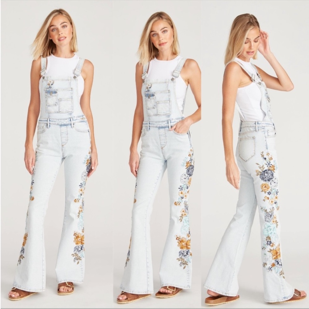 Driftwood aqua embroidered flared overalls xl